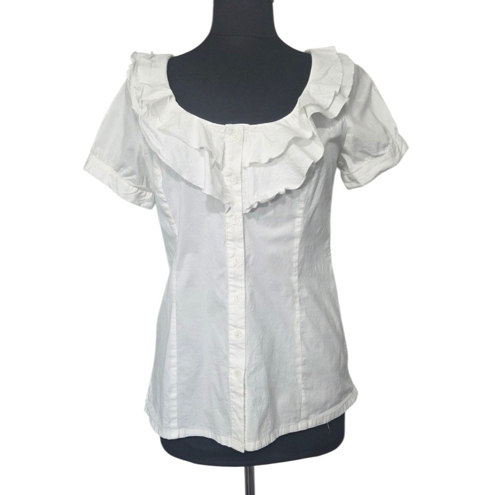 Charlotte Russe White Button-Up Ruffle Shirt Stretch Coquette‎ Ethereal Size M